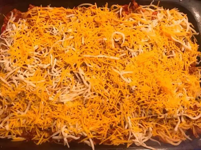 easy baked spaghetti recipe - mozzarella and cheddar cheeses