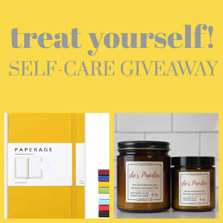 Mom In The City's Self-Care Giveaway - Treat Yourself! Candle, journal, natural bath products and affirmation pillow
